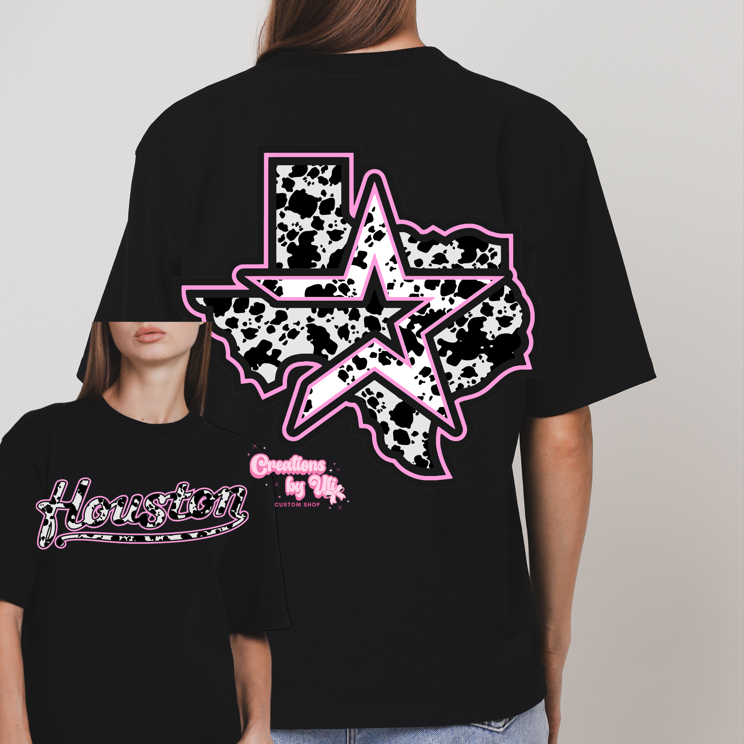 Houston Cow Print Graphic Tee | Front & Back Design