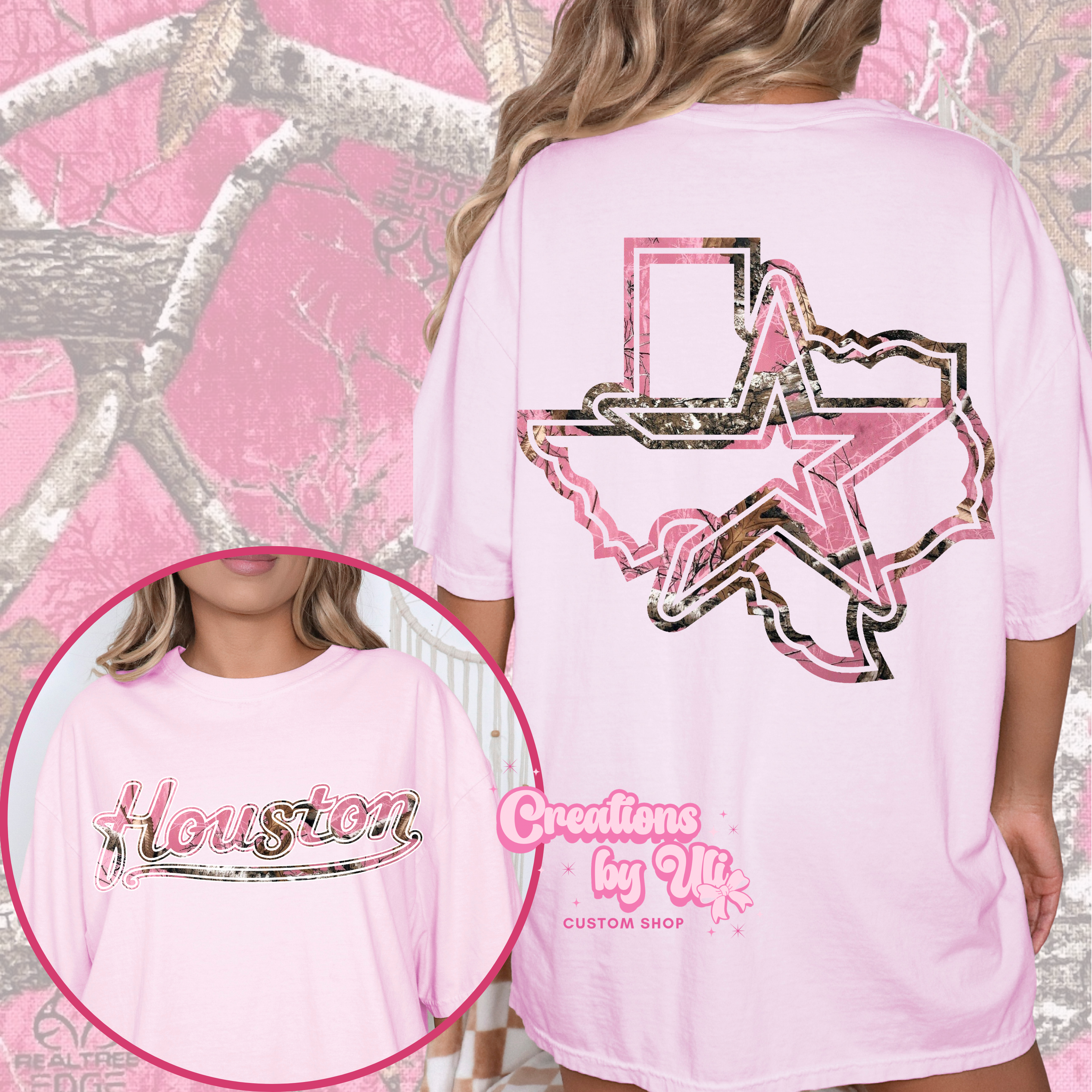 Houston Pink Script Camo Tee