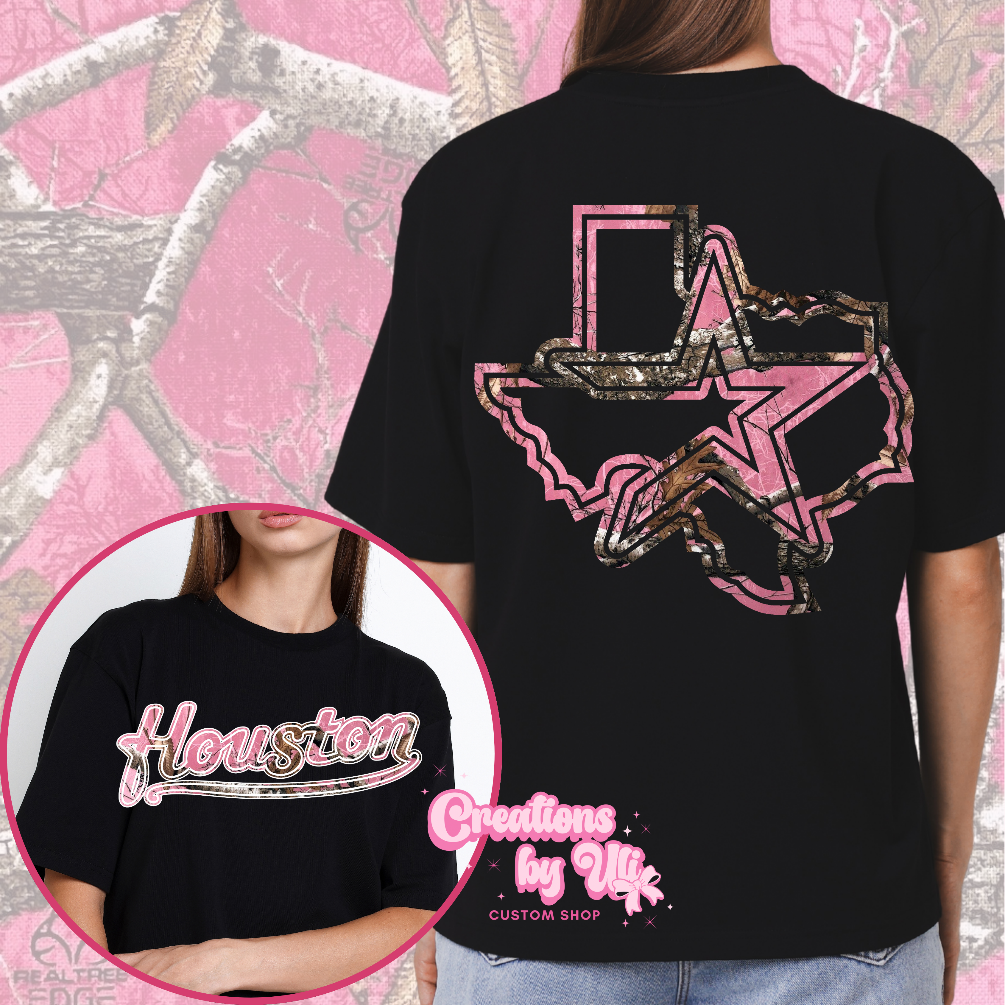 Houston Pink Script Camo Tee